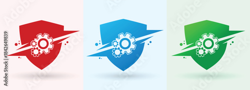 Shield gear swoosh logo security protection engineering technology service modern brand icon
