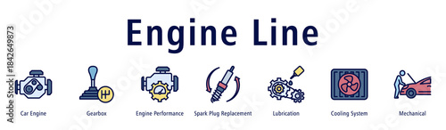 Engine Line web banner icon vector illustration with icons of Car Engine, Gearbox, Engine Performance, Spark Plug Replacement, Lubrication, Cooling System and Mechanical.