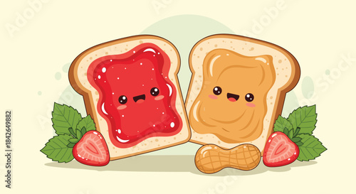 Adorable cartoon peanut butter and jelly sandwich slices with cute faces strawberries and mint on a light green background illustration.