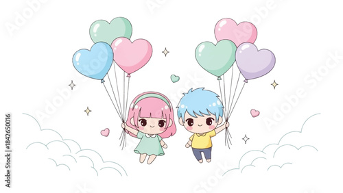 Love in the Air: An illustration of a sweet couple, surrounded by pastel heart-shaped balloons, symbolizing the boundless joy and affection of love, floating in a serene sky.