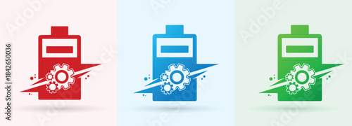 Battery gear swoosh logo energy power technology charger engineering modern brand icon
