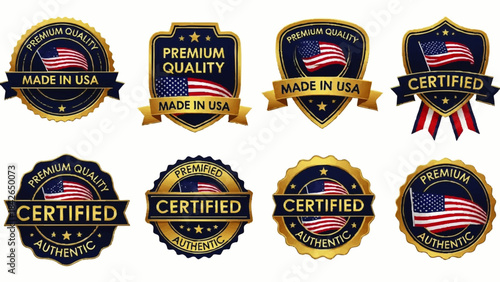 Made in USA Badges Patriotic Emblems American Product Stickers Vector Set