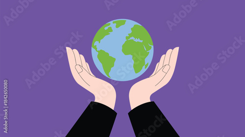Illustration of hands holding the planet Earth, symbolizing environmental protection, global unity, sustainability, conservation, and responsibility.