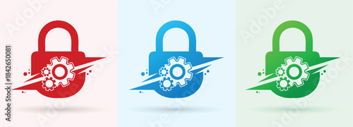 Padlock gear swoosh logo security privacy protection technology modern trustworthy brand icon
