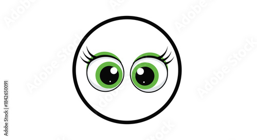 Simple and expressive character design featuring large cute cartoon green eyes with long eyelashes inside a circular frame.