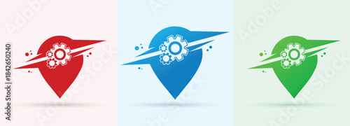Location pin gear swoosh logo map marker navigation technology modern brand icon

