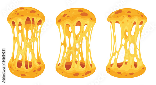 Mouth-watering cartoon illustration showing gooey melted cheese stretching between two halves of a burger bun in three stages.