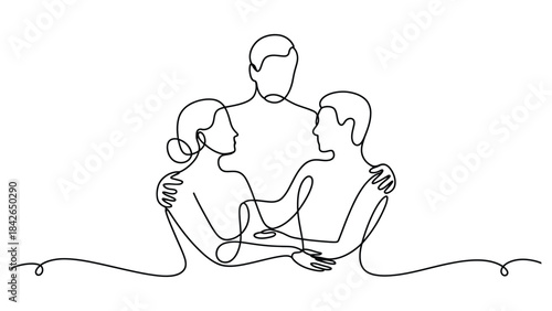 Minimal one-line drawing of a family embracing—three figures holding each other—symbolizing love, unity, connection, support, and emotional bonding.