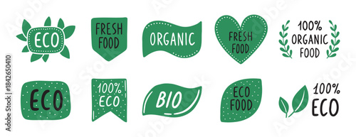 Oganic food Eco emblem icon set. hand drawn doodle 100 percent bio products stamp. green ecology guality market icons