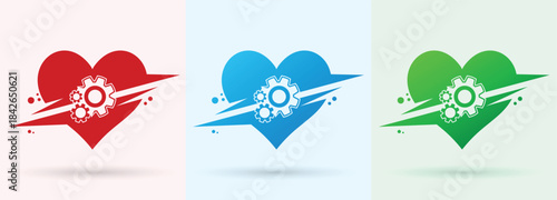 Heart gear swoosh logo health care wellness love charity modern brand icon
