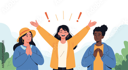 Diverse group of three happy and grateful women expressing joy and appreciation with positive gestures and bright smiles.