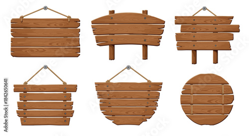 Versatile set of rustic wooden signs in various shapes including hanging plaques and signboards on posts for messages.