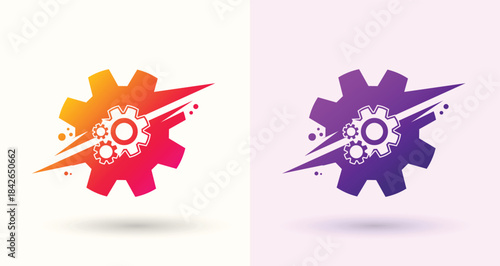 Gear with swoosh logo engineering mechanics technology automation service modern brand icon

