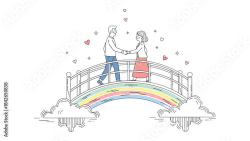 Couple's Serenade Over Rainbow Bridge: A gentle line illustration depicts a loving couple gracefully traversing a rainbow bridge adorned with hearts, embodying a romantic journey.