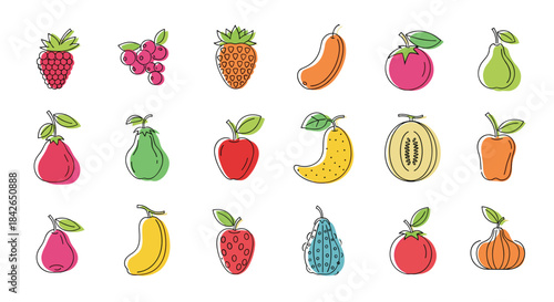 Vibrant and playful collection of various fruits and berries illustrated in a colorful doodle style with a simple outline.