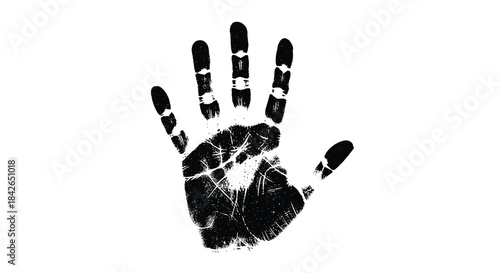 High-contrast black grunge ink handprint silhouette isolated on a white background creating a stark and graphic impression.