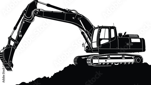 Silhouette of a large hydraulic excavator operating on a dirt mound, heavy construction machinery performing digging tasks at an industrial job site.