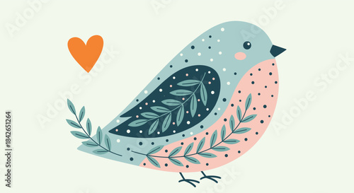 Charming Scandinavian folk art illustration of a cute decorative bird with floral patterns and a simple orange heart symbol.