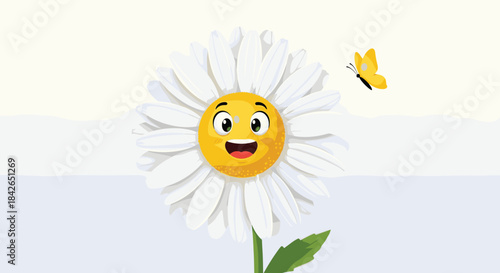 Cute and happy cartoon daisy flower with a smiling emoji face looking at a small yellow butterfly against a soft background.