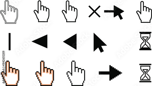 Collection of computer cursor icons featuring hand pointers, arrows, text selectors, hourglasses, and pixel-style mouse indicators in a clean vector design set