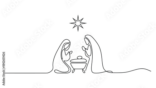 Minimal one-line nativity illustration featuring Mary, Joseph, baby Jesus in the manger, and the Bethlehem star, perfect for Christmas cards and religious art.