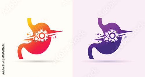 Stomach gear swoosh logo digestive health clinic medical technology modern brand icon
