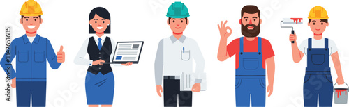Collection of diverse professional workers in flat vector style, including engineers, office staff, construction laborers, and painters portraying various occupations and job roles
