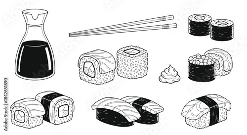 A classic black and white sketch set of Japanese sushi and rolls including soy sauce wasabi and chopsticks illustration.