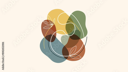 Abstract composition of overlapping colorful shapes and white leaf outlines on a pale background.
