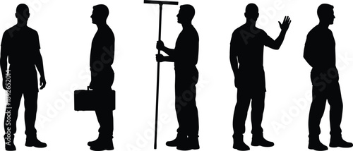 Silhouette workers standing, holding tools, carrying equipment, giving hand signals, and performing various job tasks representing labor industry communication teamwork professionalism and ty.