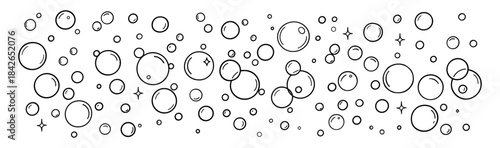 Water bubble pattern. Hand drawn doodle bubbles and water drops illustration. Line sketch style bubble sparkle on transparent background.