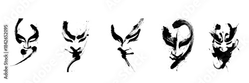 Hand painted oriental asian face icons set in traditional black ink brush stroke drawing style