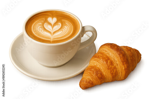 Cappuccino with croissant on a transparent background presentation. © whitestorm