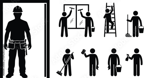 Silhouettes of cleaners and maintenance workers performing tasks with tools, cleaning equipment, ladders, buckets, and spray bottles, professional workplace service personnel.Silhouettes of cleaners 