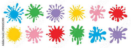Colorful splatters different shapes. Bright stains and splashes. Ink blots collection clipart elements.