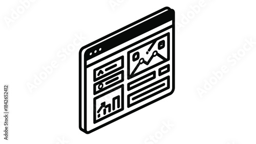 Line drawing of a web page with various graphs and charts on a white background.