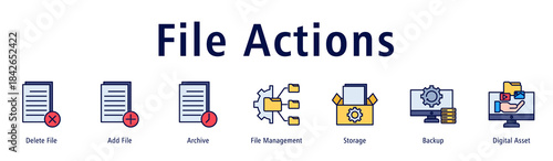 File Actions web banner icon vector illustration with icons of Delete File, Add File, Archive, File Management, Storage, Backup and Digital Asset.