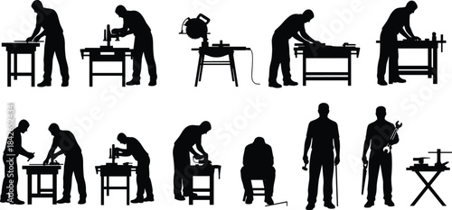 Silhouettes of carpenters working with tools, woodworking craftsmen performing tasks, handymen using equipment, workshop laborers creating projects, industrial craft workers.