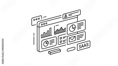 Line drawing of a computer screen displaying various business and productivity icons and graphs with SAAS text on a white background.