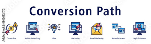 Conversion Path web banner icon vector illustration with icons of Conversion, Online Advertising, Idea, Marketing, Email Marketing, Related Content and Digital Content.