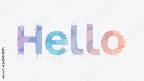 Multicolored 'Hello' text with pixelated effect on a white background, conveying a friendly and digital mood.