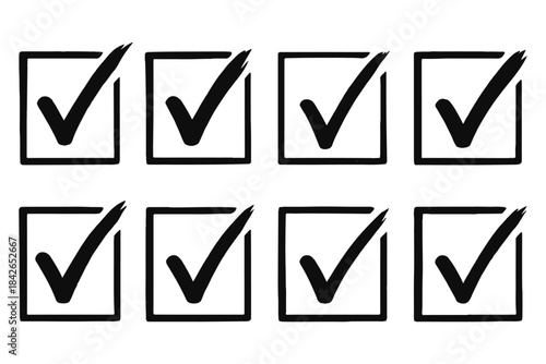 Brush stroke approved symbols. checkmark sign vector illustration, hand drawn tick sign collection. eps 10