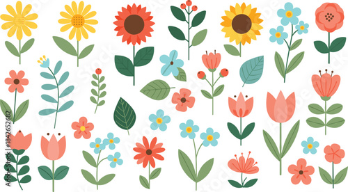 Colorful flat floral illustration set featuring sunflowers, tulips, daisies, leaves, and spring flowers in cute botanical decorative style