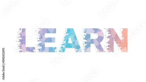 Multicolored word 'LEARN' on a white background with a mosaic effect and pastel color palette.