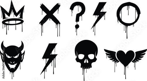 Graffiti dripping symbol set featuring skull, devil face, heart wings, lightning bolts, crown, and abstract icons in bold black street art style