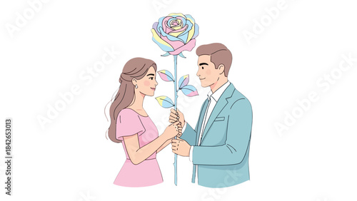 Artistic Romance: An exquisite illustration depicts a tender moment of connection between a man and woman as they share a radiant rose, symbolizing love, care and a connection.