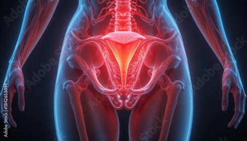 Detailed anatomical rendering of the female pelvic region with highlighted uterus, perfect for medical education and women's health awareness campaigns