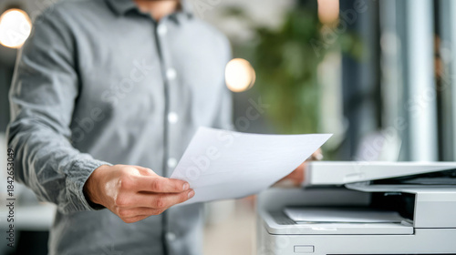 A male office worker in a gray shirt holds a blank sheet of paper while standing near the printer