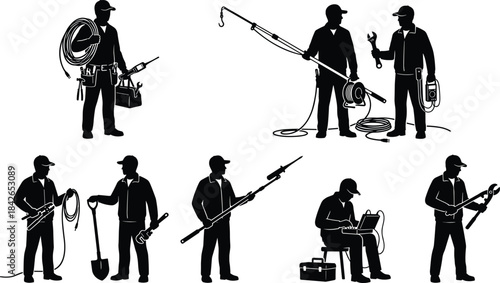Silhouettes of technicians and repair workers handling cables, tools, pressure washers, and electrical equipment, performing maintenance tasks and professional technical service operations.