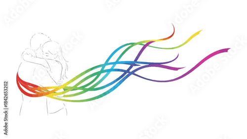 Love's Colorful Embrace: An artistic representation of two figures embracing, their connection radiating vibrant, flowing ribbons of rainbow hues, symbolizing love, acceptance, and inclusivity.